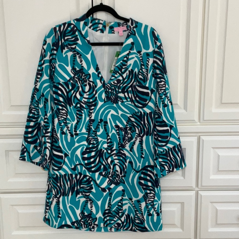 Lilly Pulitzer v-neck zebra print dress with ¾ bell sleeves